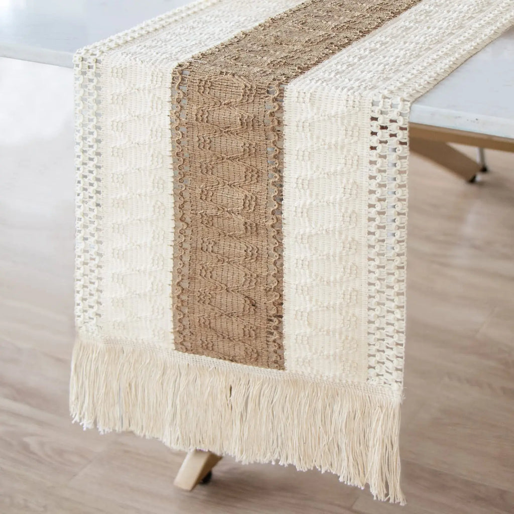 Rustic Woven Table Runner | Neutral Farmhouse Fringe Decor