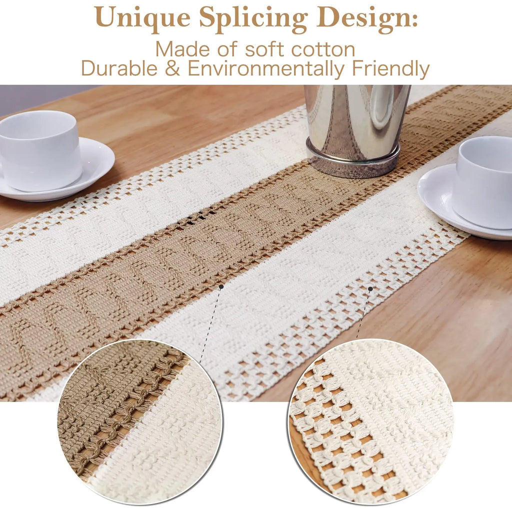Rustic Woven Table Runner | Neutral Farmhouse Fringe Decor