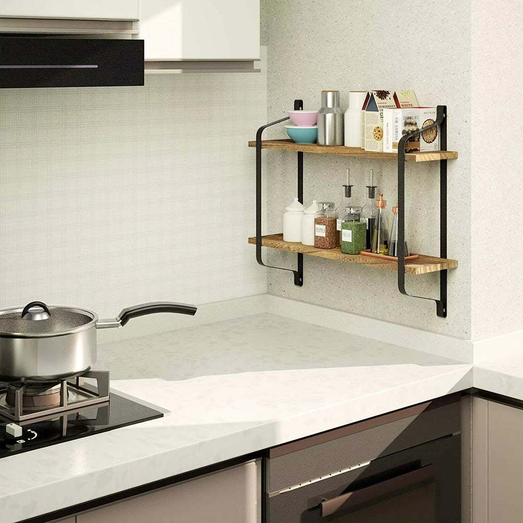 Rustic Wood Wall Shelf – 2-Tier Metal Frame Display for Bathroom, Kitchen, or Living Room