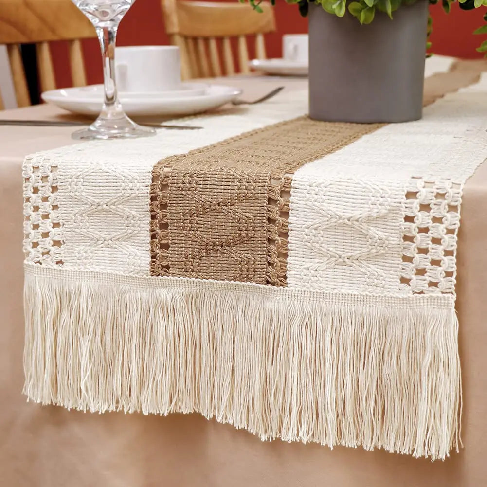 Rustic Woven Table Runner | Neutral Farmhouse Fringe Decor