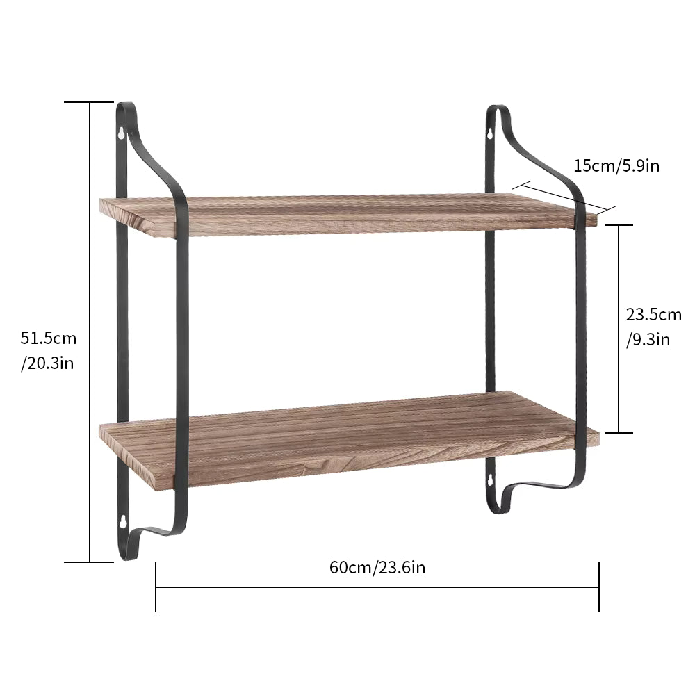 Rustic Wood Wall Shelf – 2-Tier Metal Frame Display for Bathroom, Kitchen, or Living Room