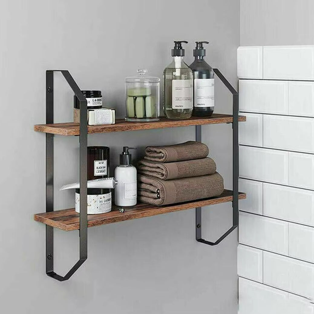 Rustic Wood Wall Shelf – 2-Tier Metal Frame Display for Bathroom, Kitchen, or Living Room