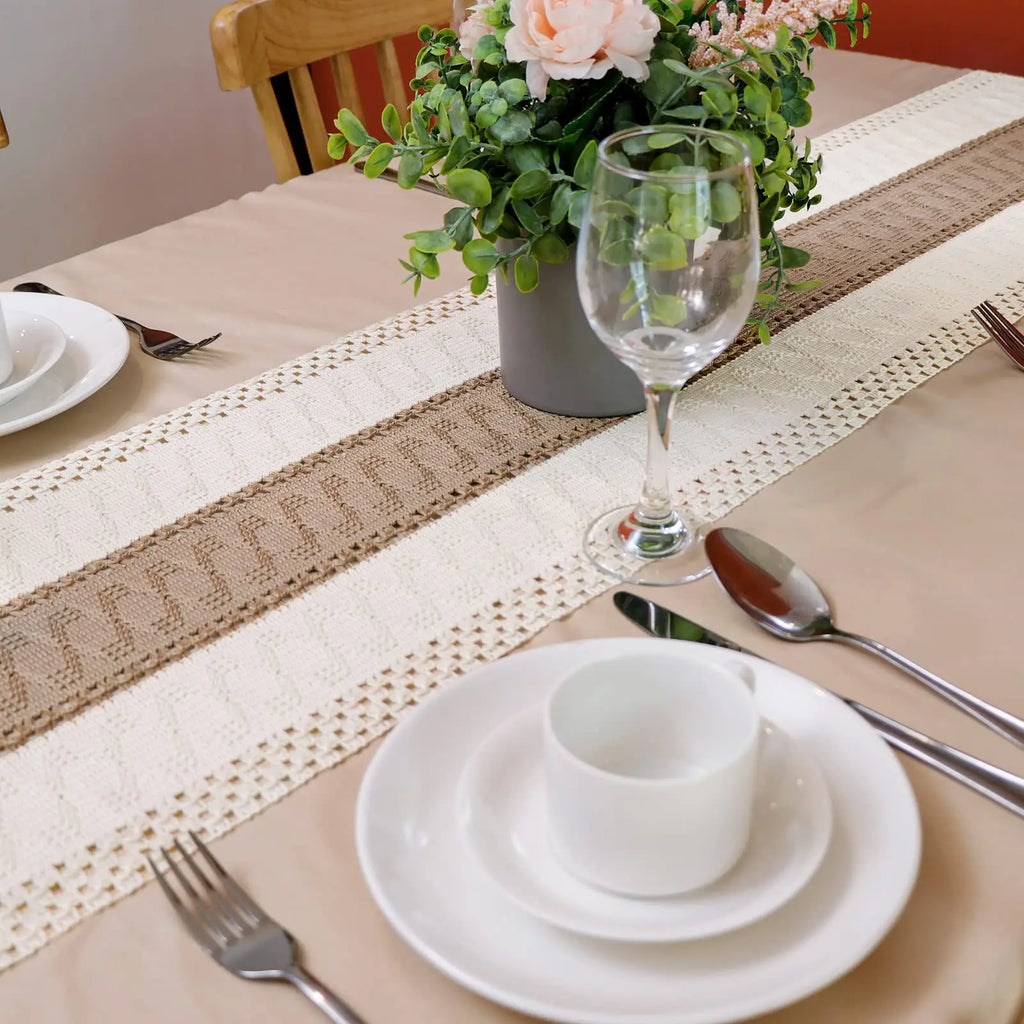 Rustic Woven Table Runner | Neutral Farmhouse Fringe Decor