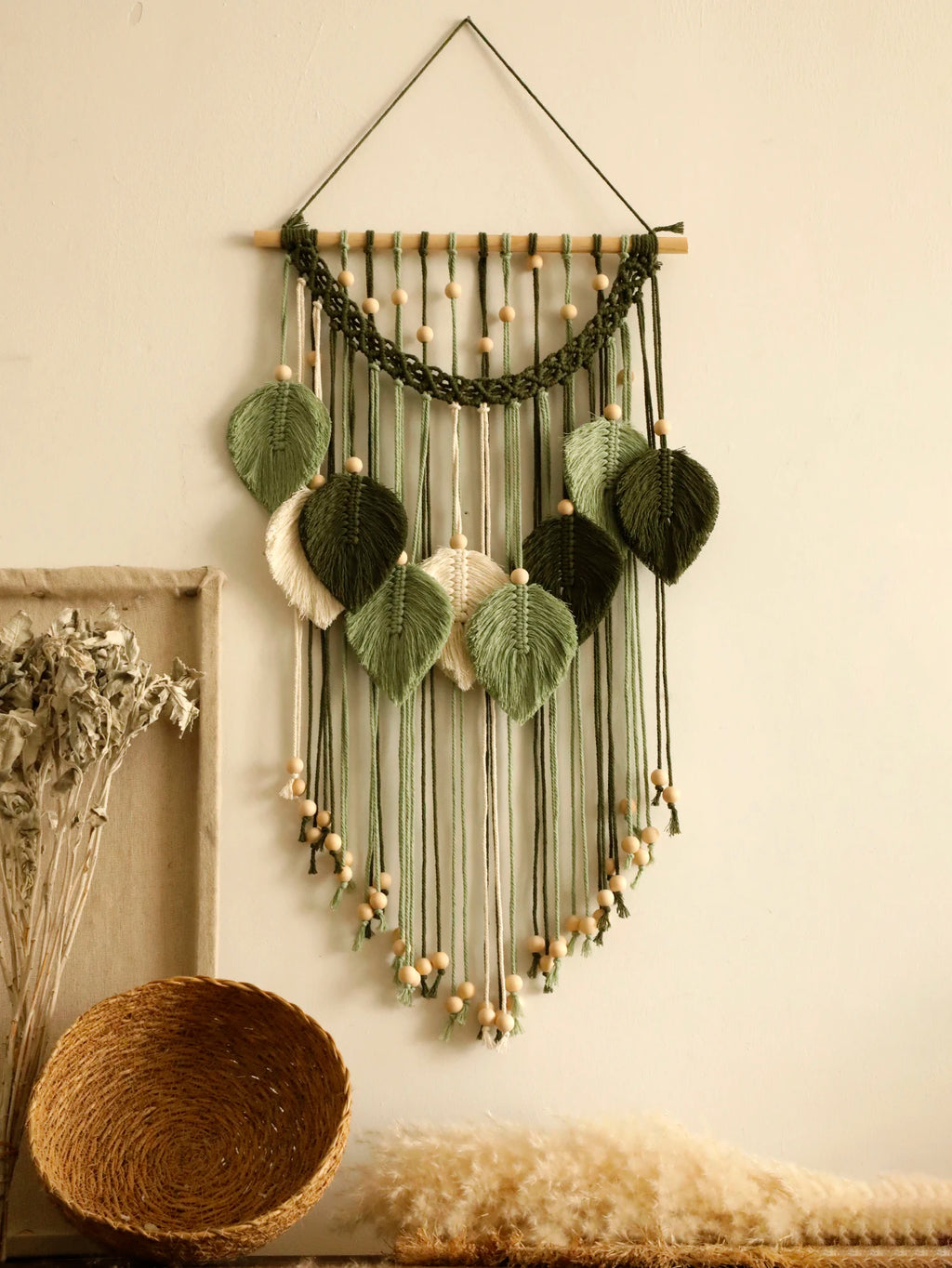 Rustic Macrame Leaf Wall Hanging | Neutral Boho Tapestry Decor