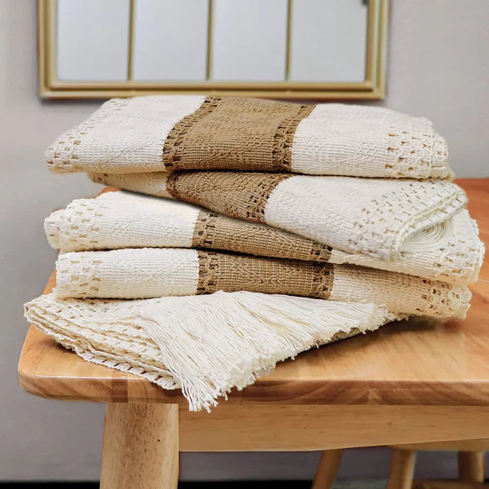 Rustic Woven Table Runner | Neutral Farmhouse Fringe Decor
